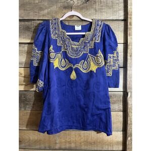 Simply Heritage Womens Blue Gold Embroidered Cotton Tunic Top Size L RN 80146